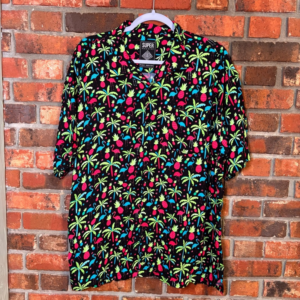 Super Massive mens neon flamingo tropical Hawaiian button up shirt pink/blue XL